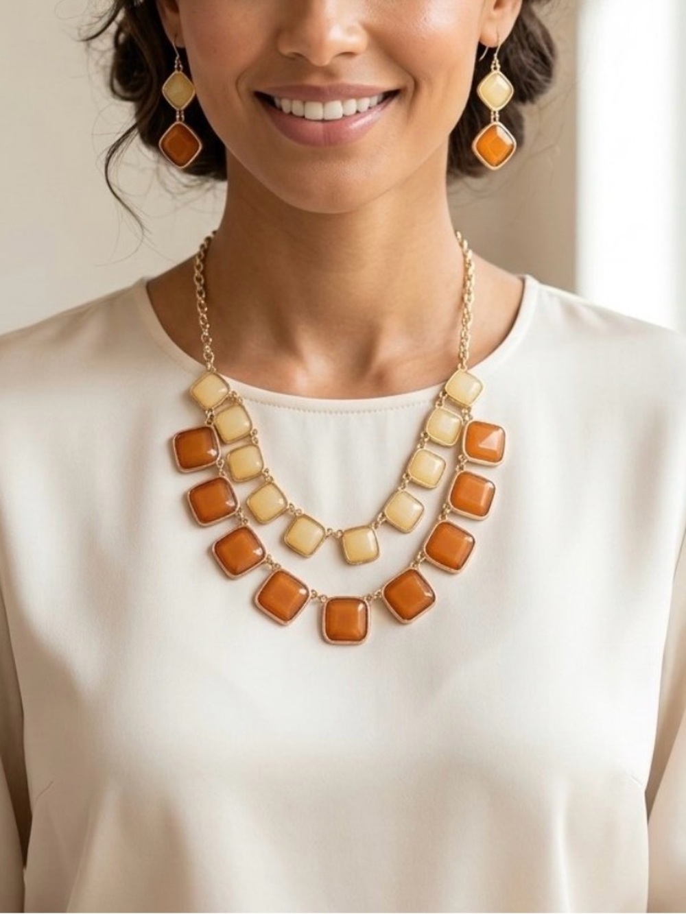 Gold-Tone Two-Row Necklace with Cream and Amber Squares